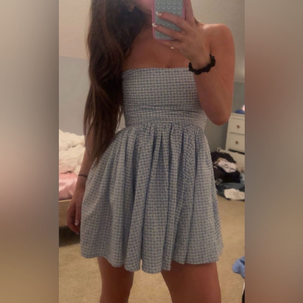 Blue Gingham printed Strapless Mini Dress - Picture 3 of 3